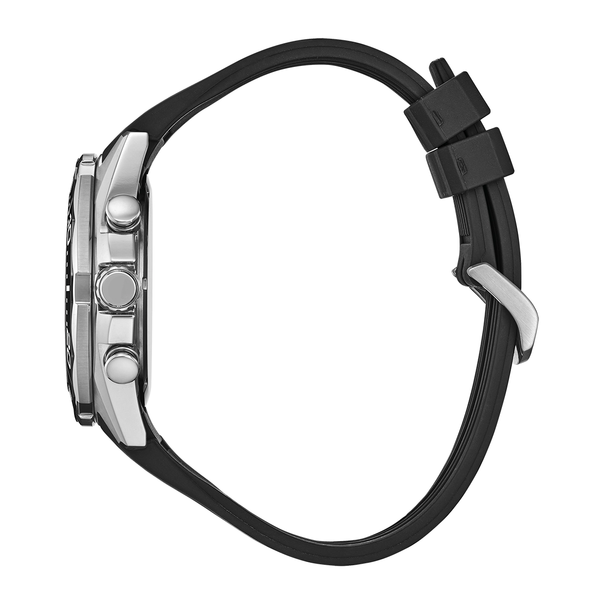 Reloj Citizen análogo, para Hombre, tablero redondo colores negro y blanco, estilo index, pulso silicona color negro, calendario, cronografo