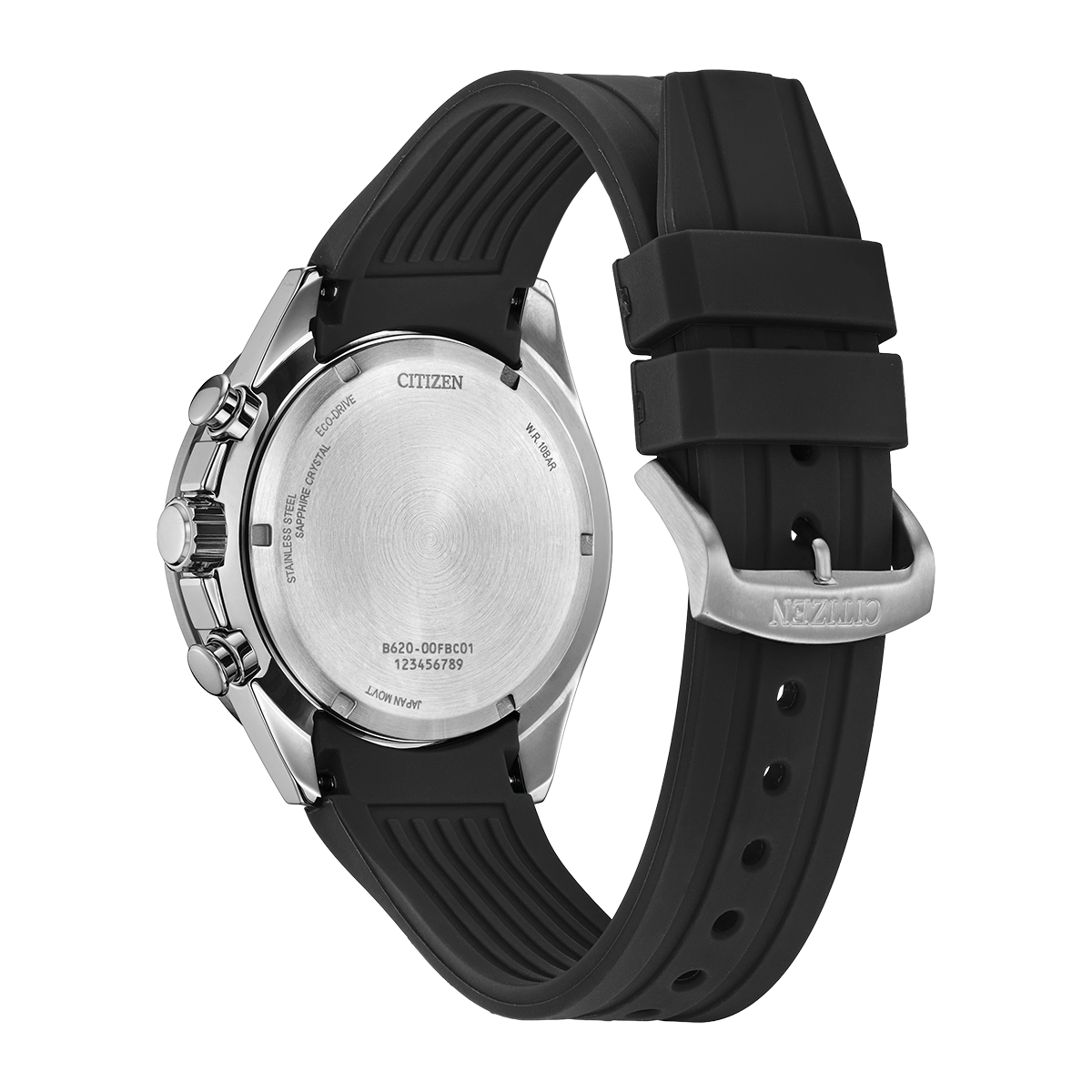 Reloj Citizen análogo, para Hombre, tablero redondo colores negro y blanco, estilo index, pulso silicona color negro, calendario, cronografo