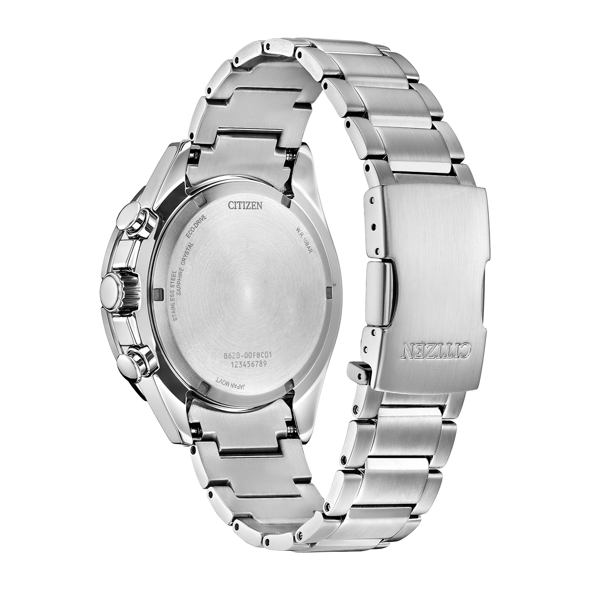 Reloj Citizen análogo, para Hombre, tablero redondo colores plateado y negro, estilo index, pulso acero color plateado, calendario, cronografo