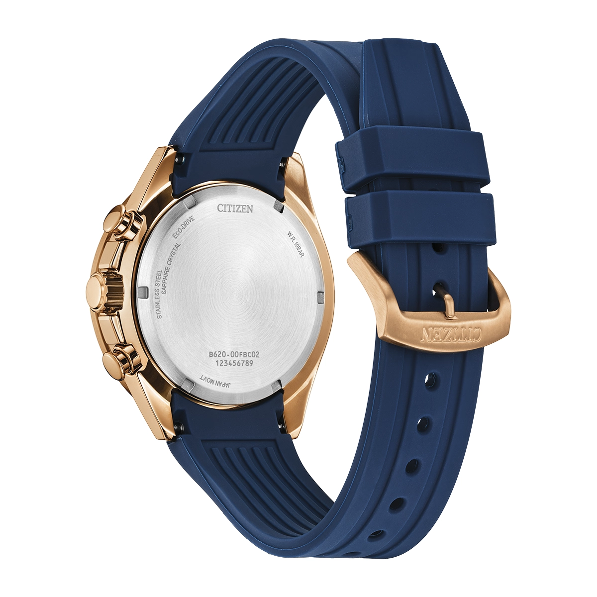 Reloj Citizen análogo, para Hombre, tablero redondo colores azul y rosa, estilo index, pulso silicona color azul, calendario, cronografo