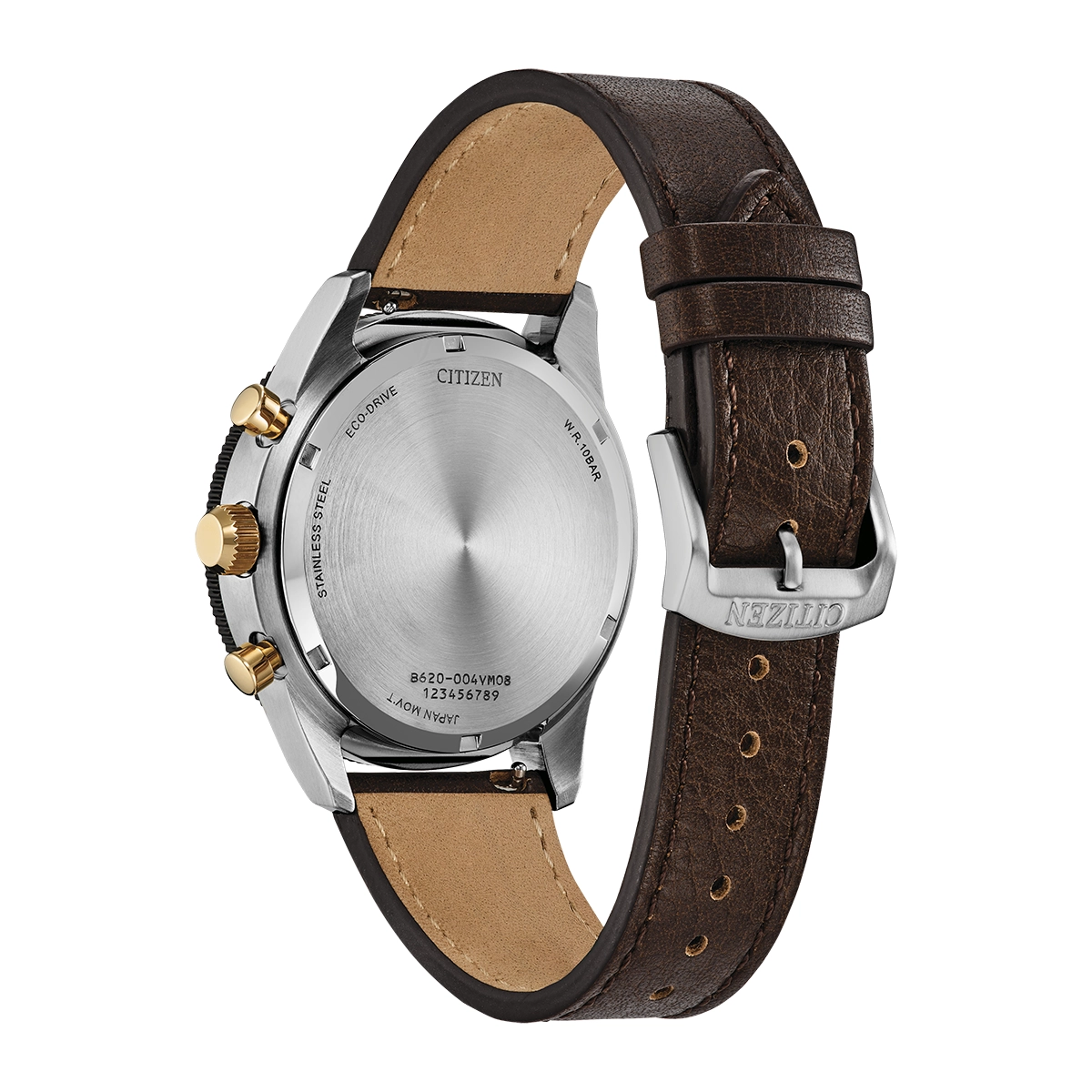 Reloj Citizen análogo, para Hombre, tablero redondo colores café y dorado, estilo arábigos, pulso cuero color café, calendario, cronografo