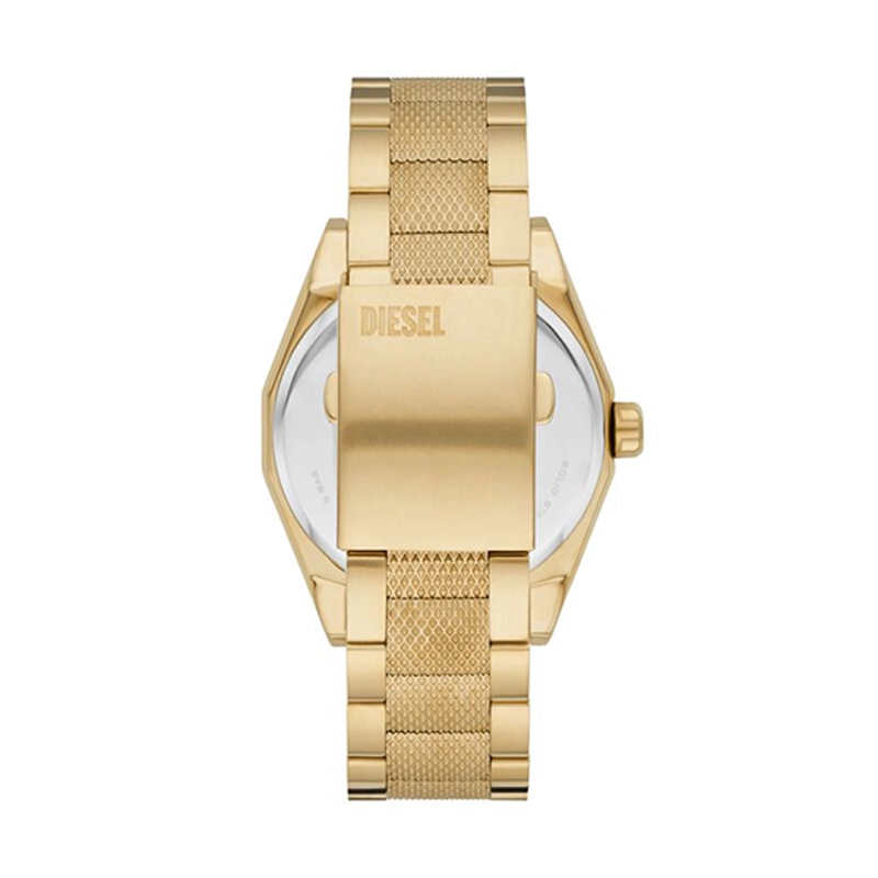 Reloj Diesel analogo, para Hombre, tablero redondo color dorado, estilo index + arabigo, pulso acero color dorado