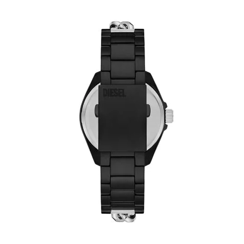 Reloj Diesel analogo, para Hombre, tablero redondo color plateado, estilo index, pulso acero colores negro y plateado, calendario