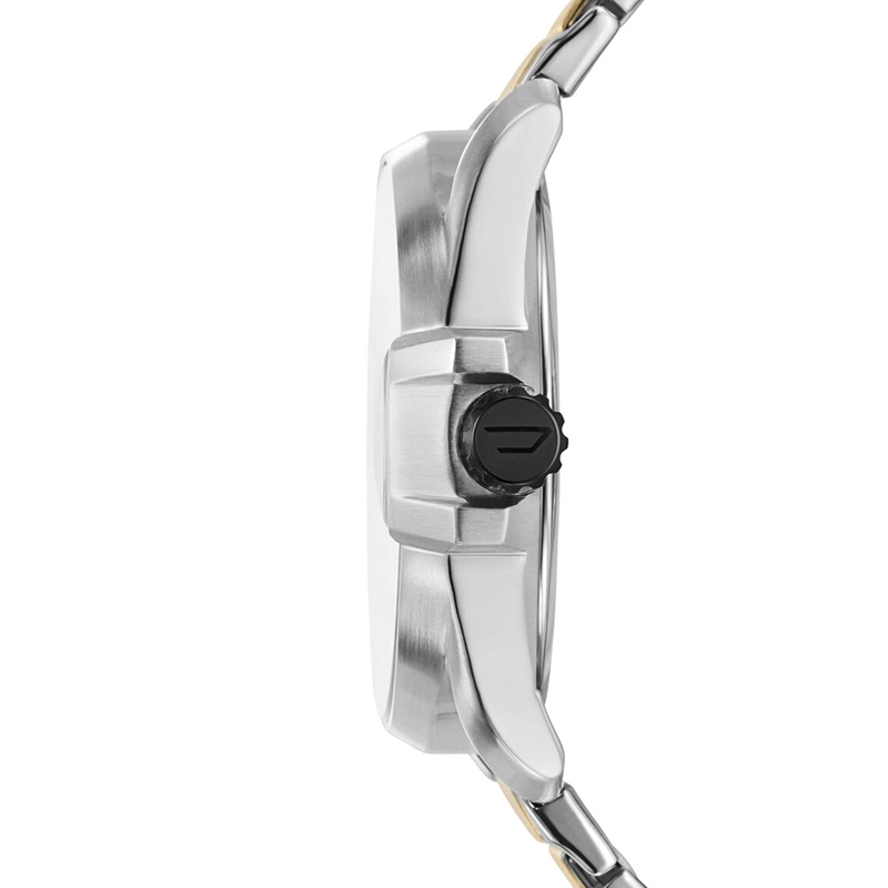 Reloj Diesel analogo, para Hombre, tablero redondo colores negro y dorado, estilo index, pulso acero colores plateado y dorado, calendario