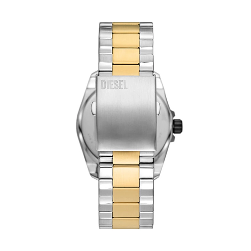Reloj Diesel analogo, para Hombre, tablero redondo colores negro y dorado, estilo index, pulso acero colores plateado y dorado, calendario