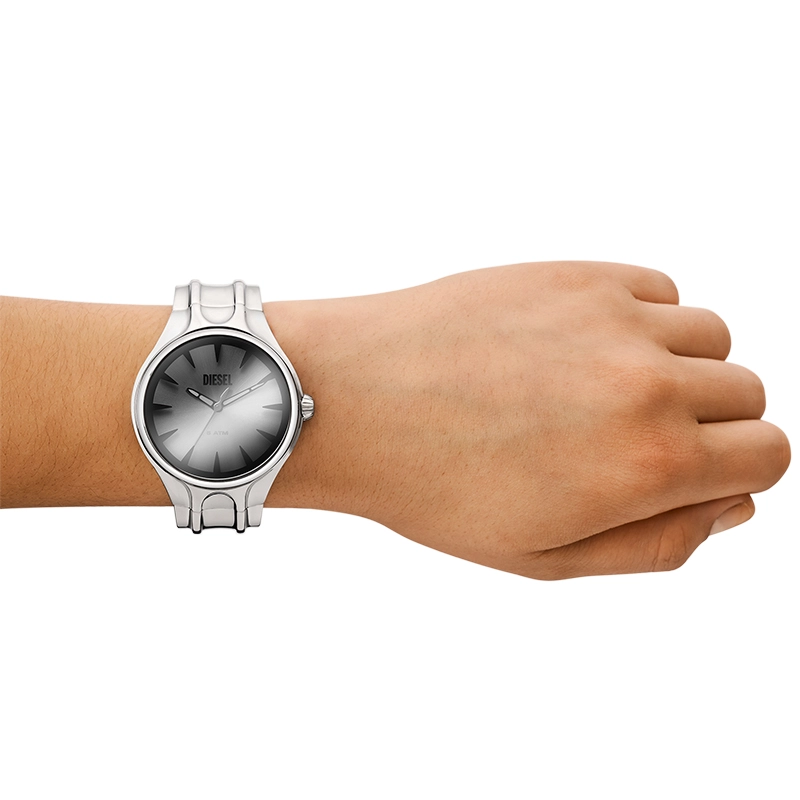 Reloj Diesel analogo, para Hombre, tablero redondo color gris, estilo index, pulso acero color plateado