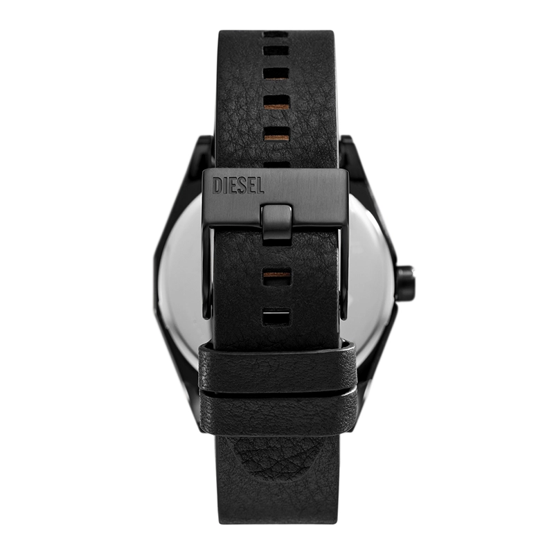 Reloj Diesel análogo, para Hombre, tablero redondo colores negro y dorado, estilo index + arábigo, pulso cuero color negro