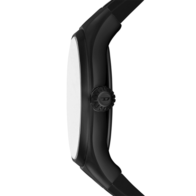 Reloj Diesel analogo, para Hombre, tablero redondo colores negro y dorado, estilo index, pulso silicona color negro