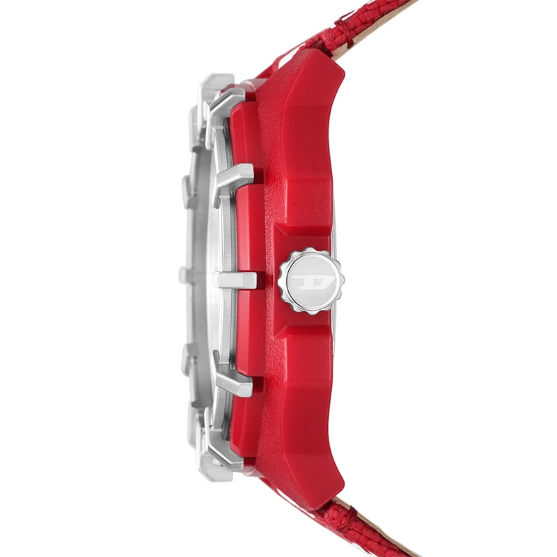 Reloj Diesel analogo, para Hombre, tablero redondo color rojo, estilo index + arabigo, pulso lona color rojo