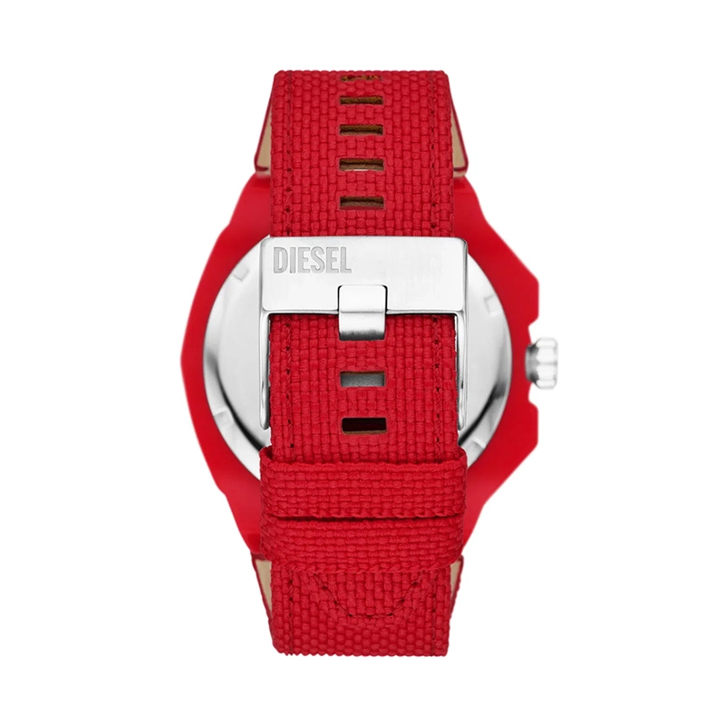 Reloj Diesel analogo, para Hombre, tablero redondo color rojo, estilo index + arabigo, pulso lona color rojo