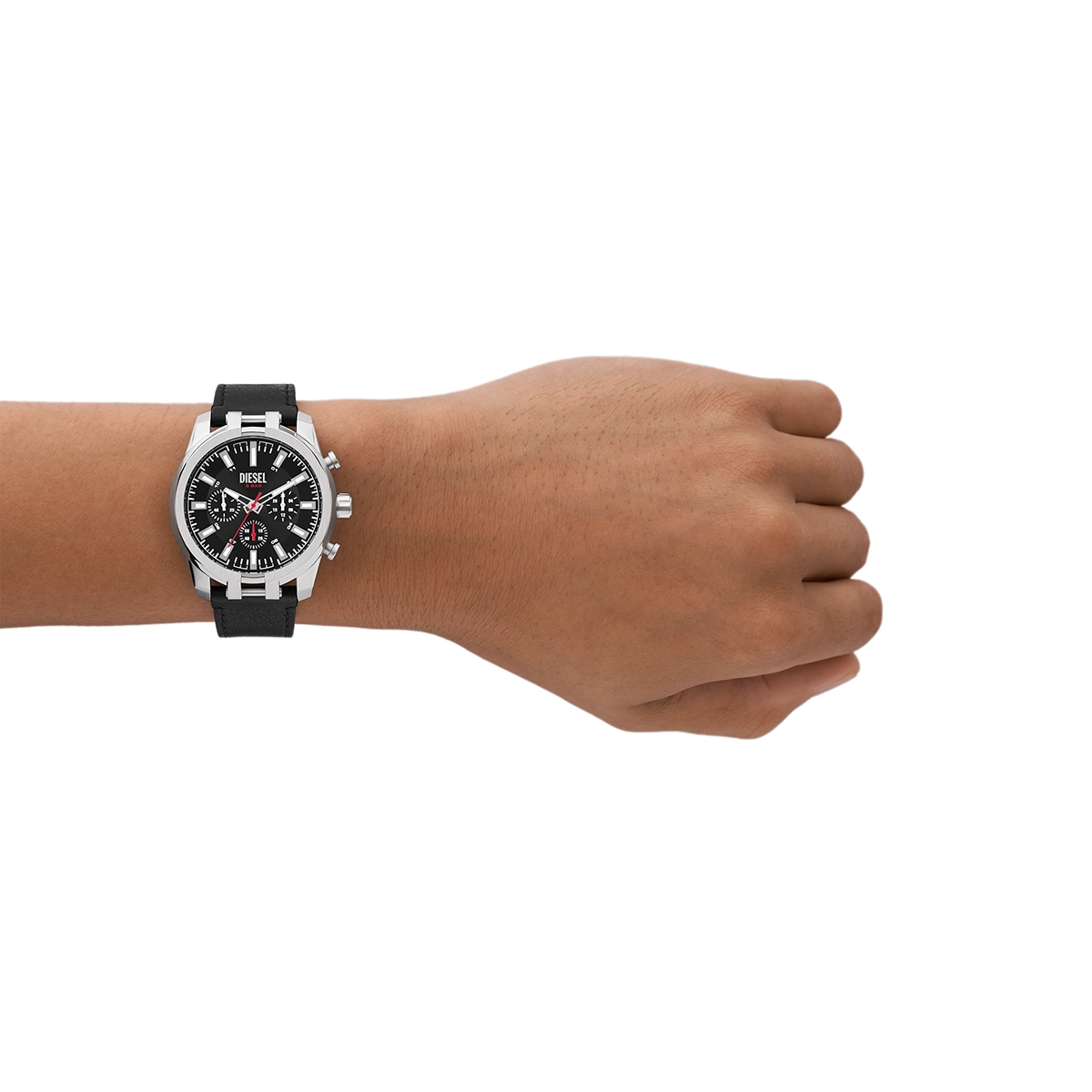 Reloj Diesel analogo, para Hombre, tablero redondo color negro, estilo index, pulso cuero color negro, cronografo