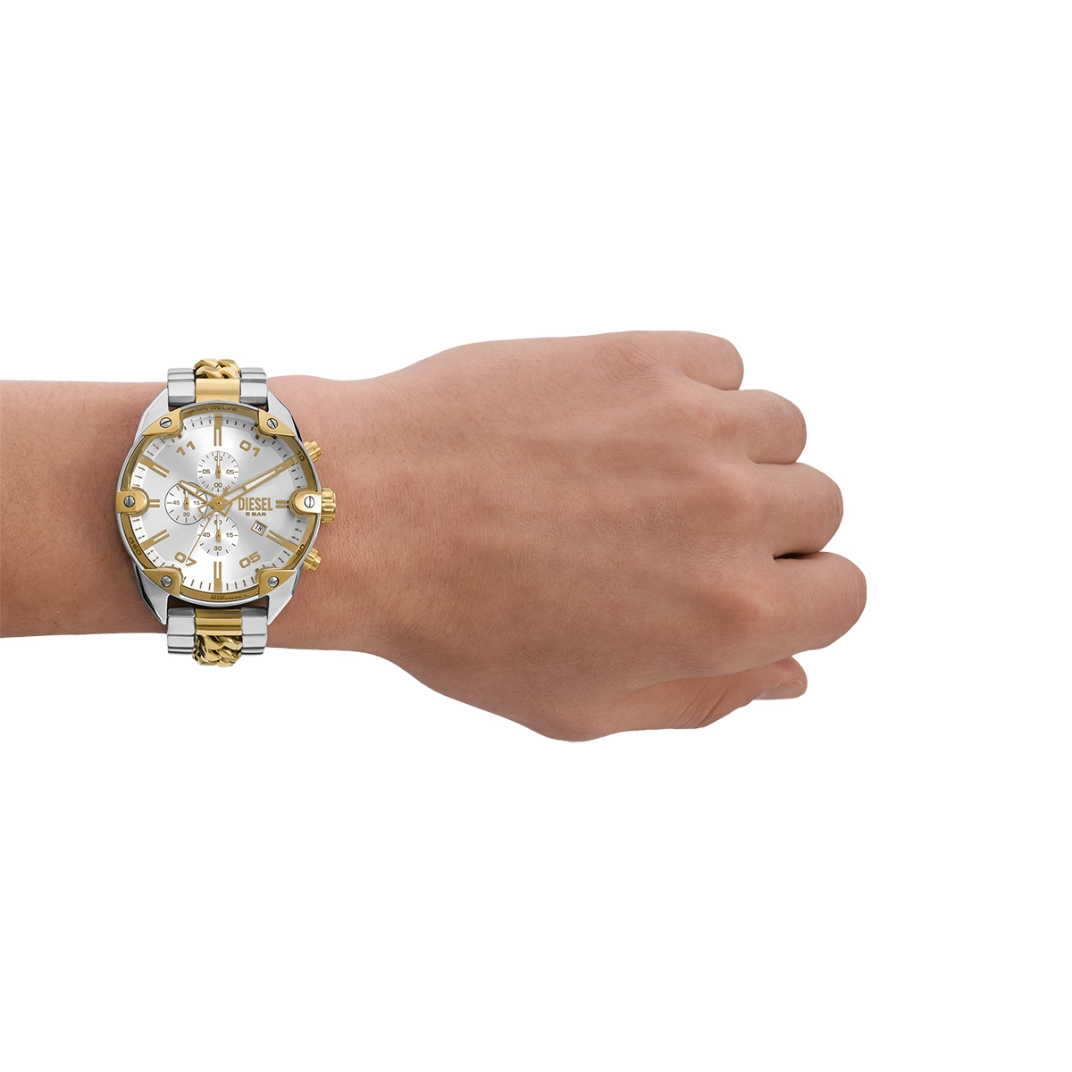 Reloj Diesel analogo, para Hombre, tablero redondo colores plateado y dorado, estilo index + arabigo, pulso acero colores plateado y dorado, calendario, cronografo