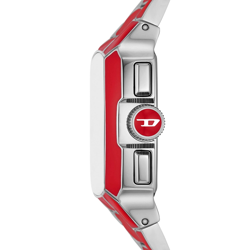Reloj Diesel analogo, para Hombre, tablero cuadrado colores plateado y rojo, estilo index + arabigo, pulso acero colores rojo y plateado, calendario