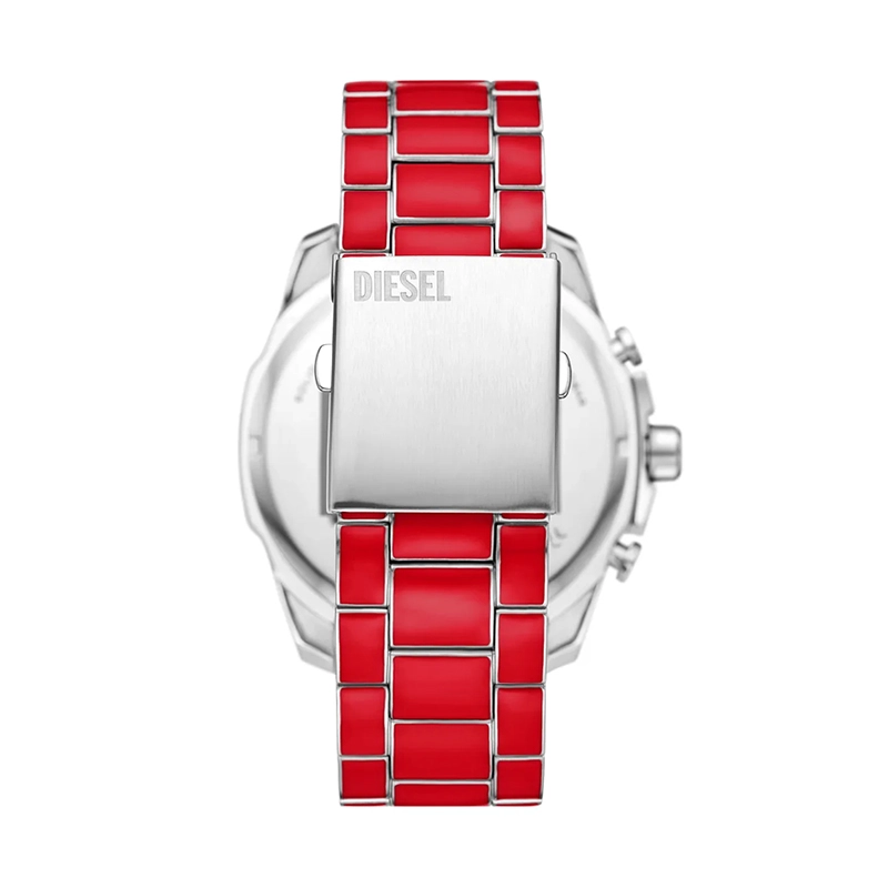 Reloj Diesel analogo, para Hombre, tablero redondo colores plateado y rojo, estilo index + arabigo, pulso acero colores rojo y plateado, calendario, cronografo