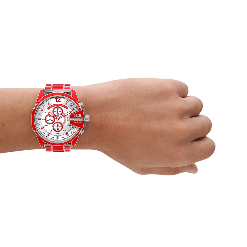 Reloj Diesel analogo, para Hombre, tablero redondo colores plateado y rojo, estilo index + arabigo, pulso acero colores rojo y plateado, calendario, cronografo