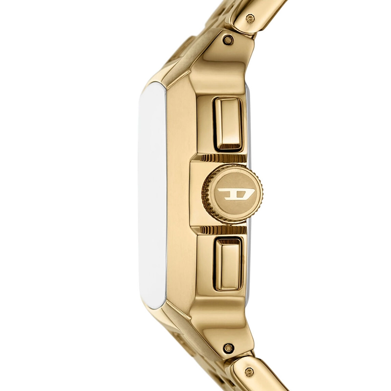 Reloj Diesel analogo, para Hombre, tablero cuadrado color dorado, estilo index + arabigo, pulso acero color dorado, calendario