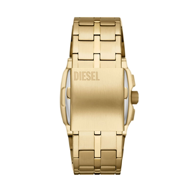 Reloj Diesel analogo, para Hombre, tablero cuadrado color dorado, estilo index + arabigo, pulso acero color dorado, calendario