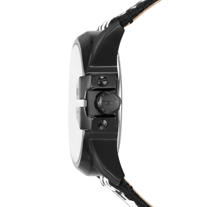 Reloj Diesel analogo, para Hombre, tablero redondo color negro, estilo index + arabigo, pulso lona color negro