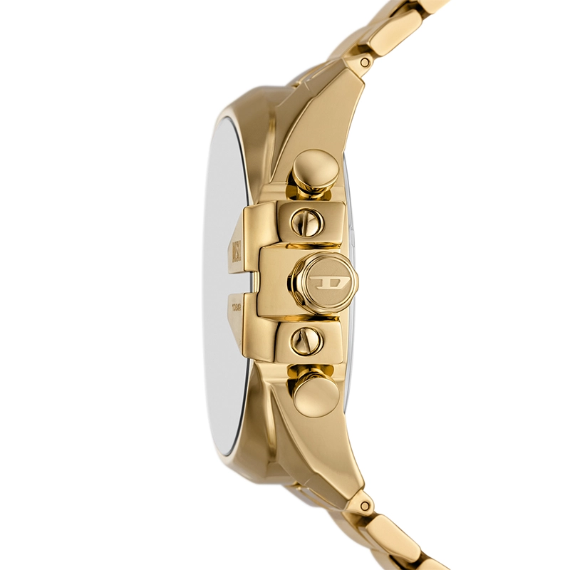 Reloj Diesel analogo, para Hombre, tablero redondo color dorado, estilo index + arabigo, pulso acero color dorado, calendario, cronografo