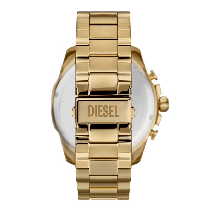 Reloj Diesel analogo, para Hombre, tablero redondo color dorado, estilo index + arabigo, pulso acero color dorado, calendario, cronografo
