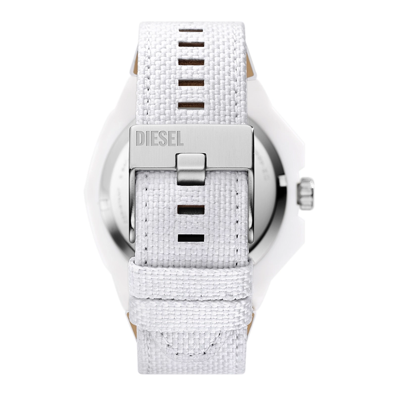 Reloj Diesel analogo, para Hombre, tablero redondo colores blanco y negro, estilo index + arabigo, pulso lona color blanco