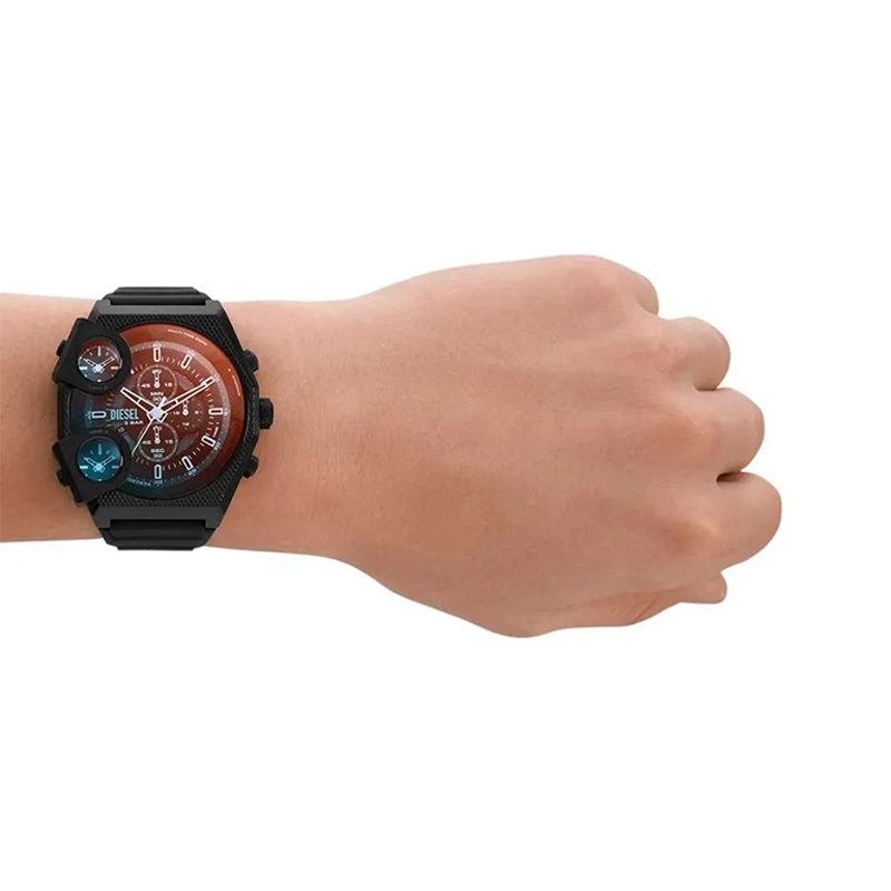 Reloj Diesel analogo, para Hombre, tablero redondo color negro, estilo index, pulso silicona color negro, calendario, cronografo