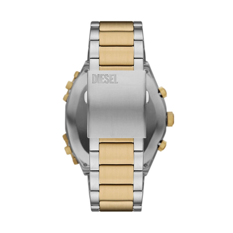 Reloj Diesel analogo, para Hombre, tablero redondo color negro, estilo index, pulso acero colores plateado y dorado, calendario, cronografo