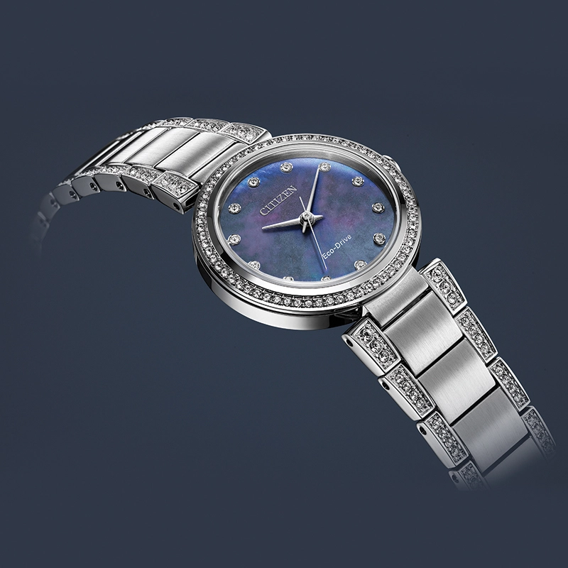 Reloj Citizen analogo, para Dama, tablero redondo color azul, estilo puntos, pulso acero color plateado