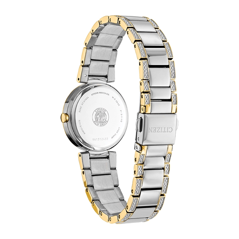 Reloj Citizen analogo, para Dama, tablero redondo color blanco, estilo puntos, pulso acero colores plateado y dorado