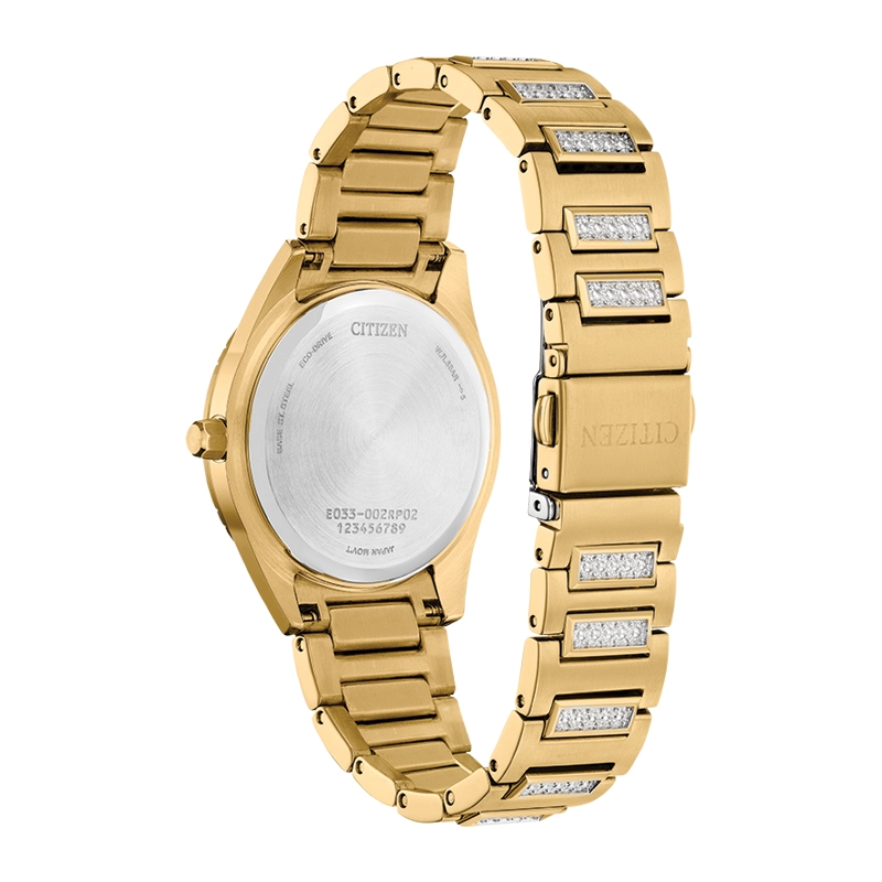 Reloj Citizen analogo, para Dama, tablero redondo color blanco, estilo index + puntos, pulso acero color dorado