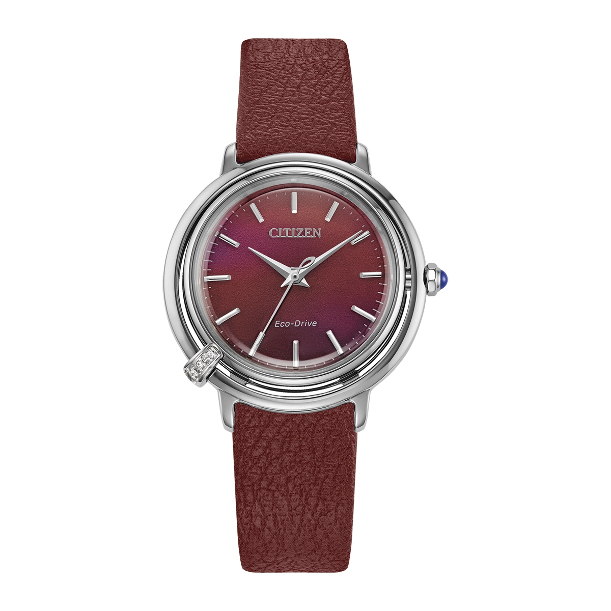 Reloj Citizen analogo, para Dama, tablero redondo color rojo, estilo index, pulso acero color plateado