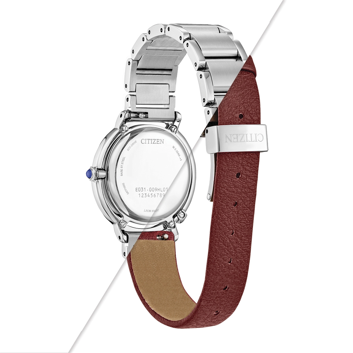 Reloj Citizen analogo, para Dama, tablero redondo color rojo, estilo index, pulso acero color plateado