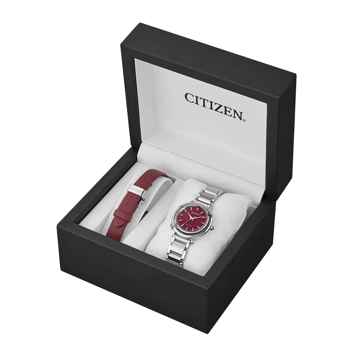 Reloj Citizen analogo, para Dama, tablero redondo color rojo, estilo index, pulso acero color plateado