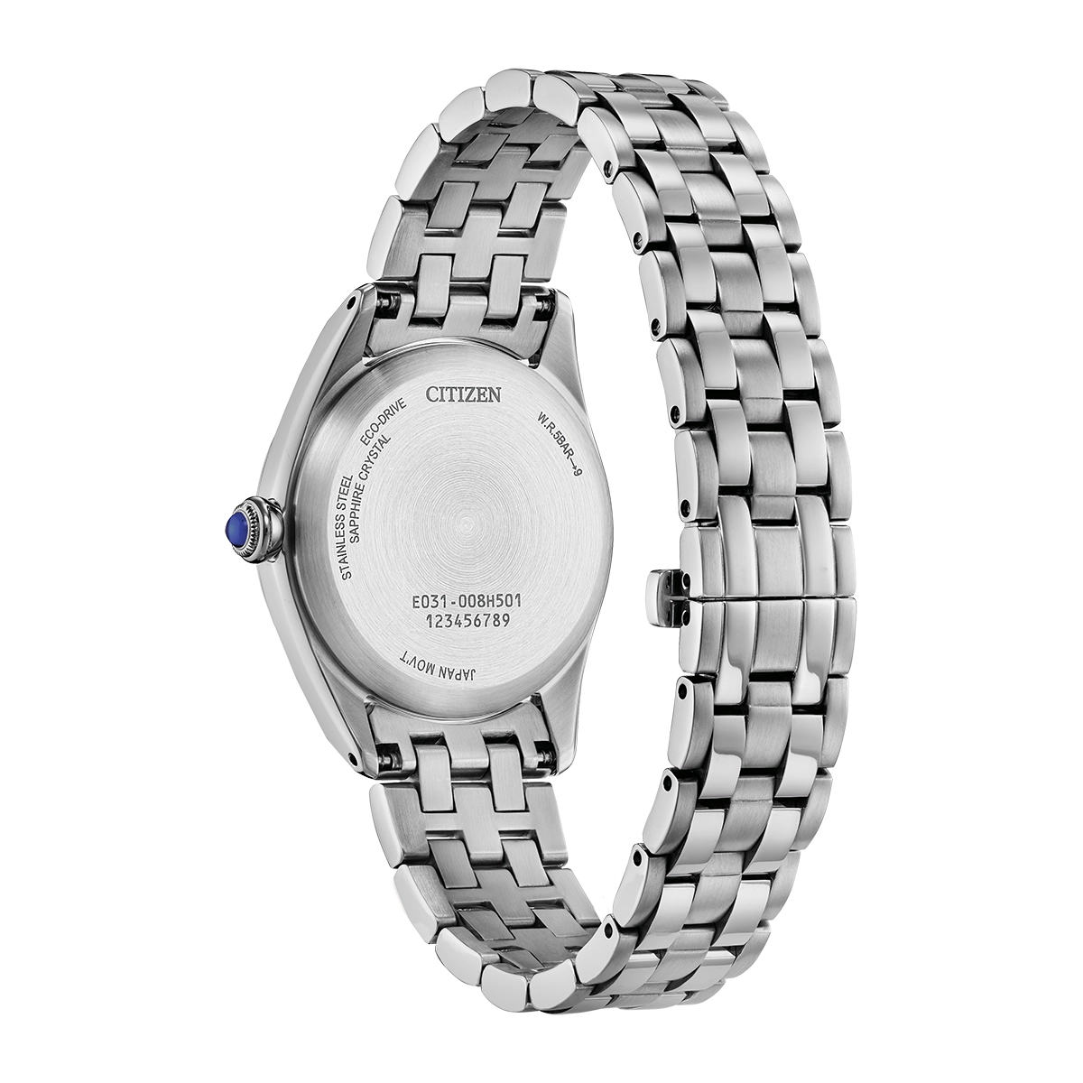 Reloj Citizen análogo, para Dama, tablero redondo color blanco, estilo index + romano, pulso acero color plateado