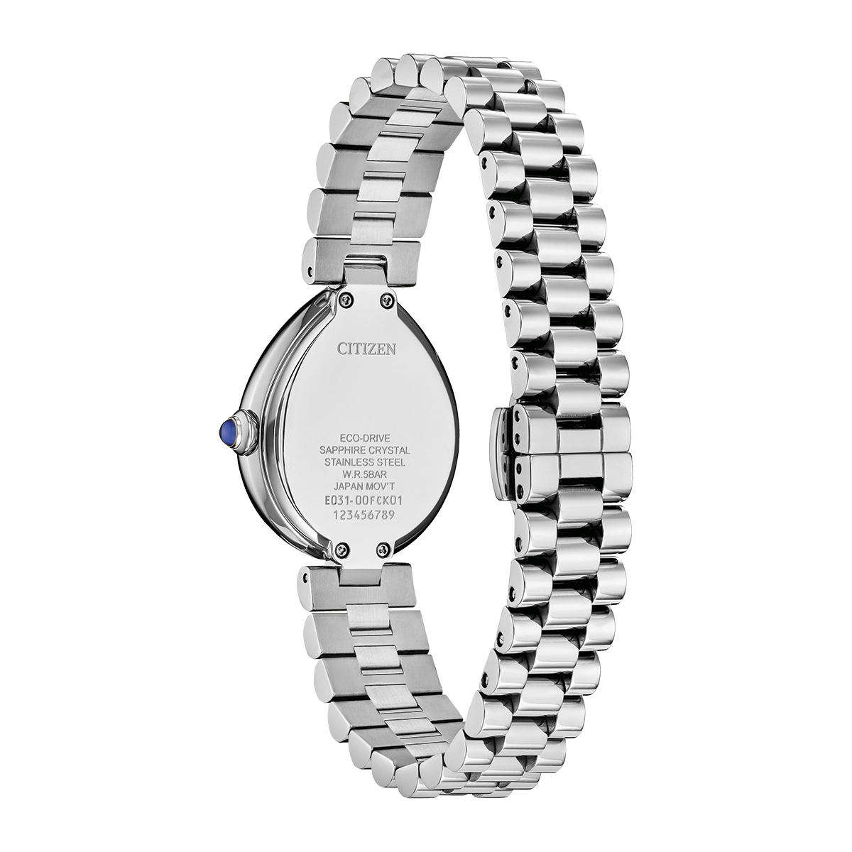 Reloj Citizen análogo, para Dama, tablero ovalado colores morado y azul, estilo index, pulso acero color plateado