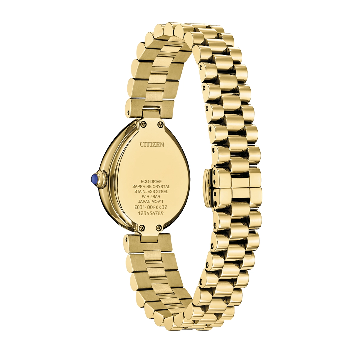 Reloj Citizen análogo, para Dama, tablero ovalado color dorado, estilo index, pulso acero color dorado