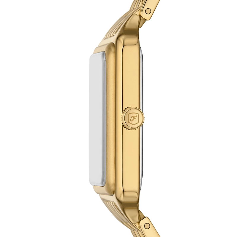 Reloj Fossil analogo, para Dama, tablero rectangular color verde, estilo romanos, pulso acero color dorado