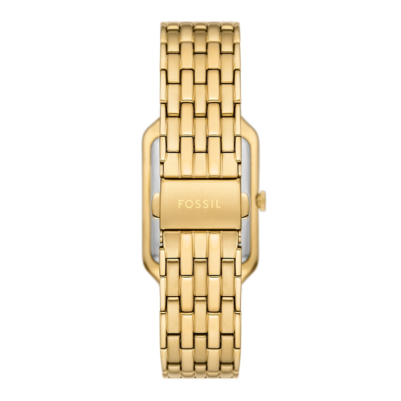 Reloj Fossil analogo, para Dama, tablero rectangular color verde, estilo romanos, pulso acero color dorado