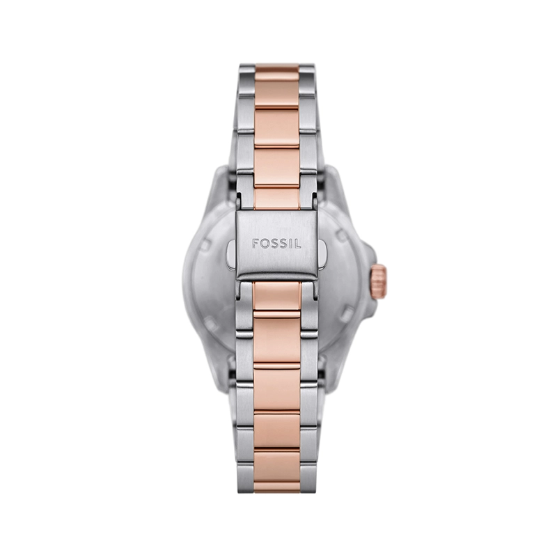 Reloj Fossil analogo, para Dama, tablero redondo color gris, estilo index + puntos, pulso acero colores plateado y rosa