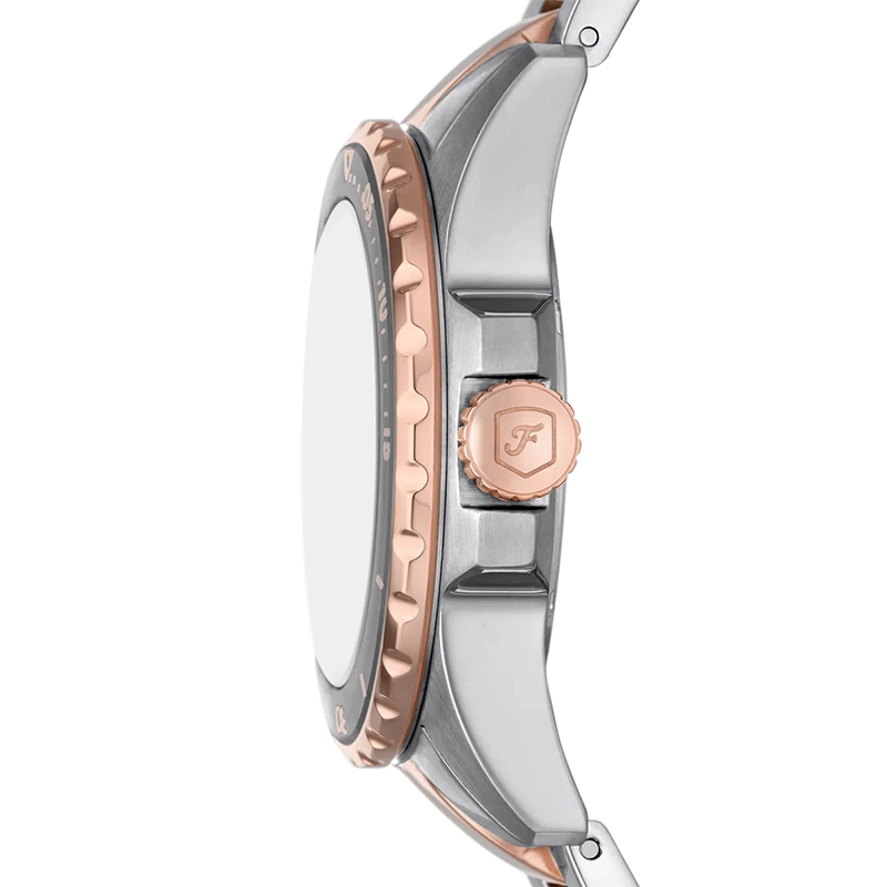 Reloj Fossil analogo, para Dama, tablero redondo color gris, estilo index + puntos, pulso acero colores plateado y rosa
