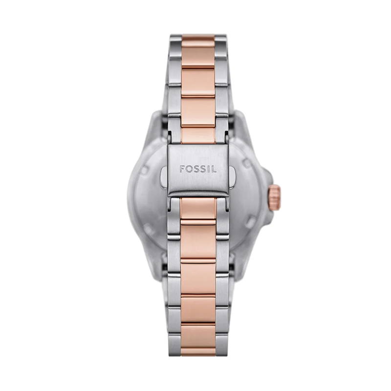 Reloj Fossil analogo, para Dama, tablero redondo color gris, estilo index + puntos, pulso acero colores plateado y rosa