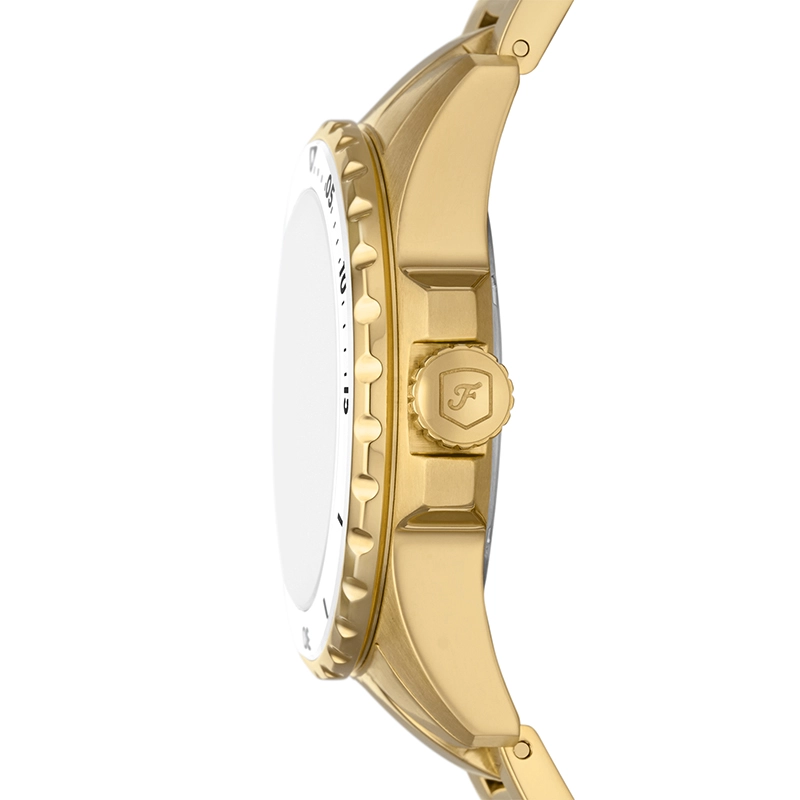 Reloj Fossil analogo, para Dama, tablero redondo color blanco, estilo index + puntos, pulso acero color dorado