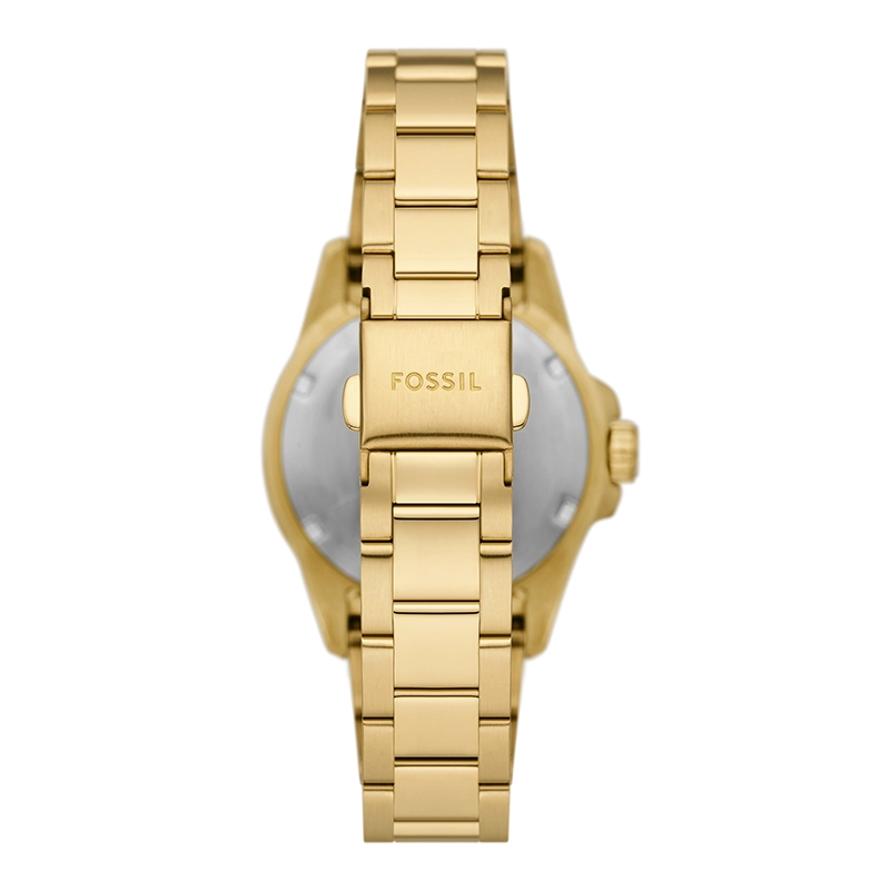 Reloj Fossil analogo, para Dama, tablero redondo color blanco, estilo index + puntos, pulso acero color dorado