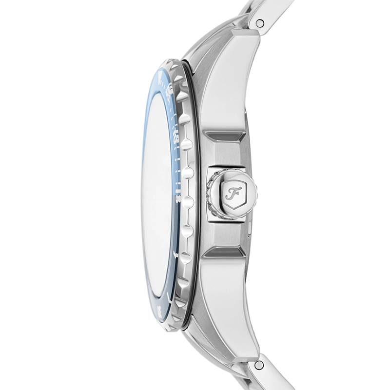 Reloj Fossil analogo, para Dama, tablero redondo color azul, estilo index + puntos, pulso acero color plateado