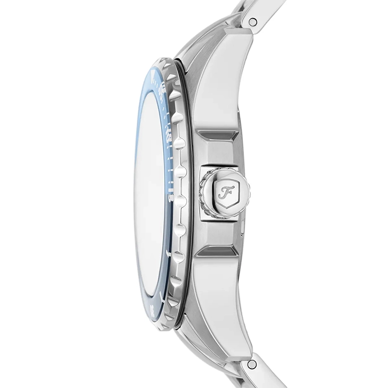 Reloj Fossil analogo, para Dama, tablero redondo color azul, estilo index + puntos, pulso acero color plateado