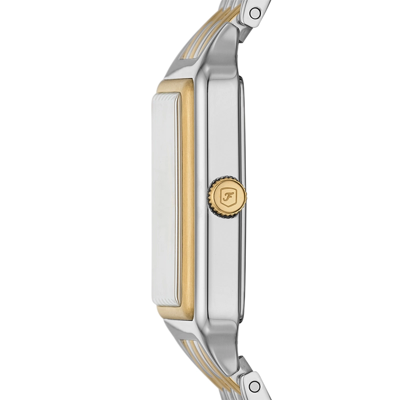 Reloj Fossil análogo, para Dama, tablero rectangular colores plateado y dorado, estilo romanos, pulso acero colores plateado y dorado, calendario
