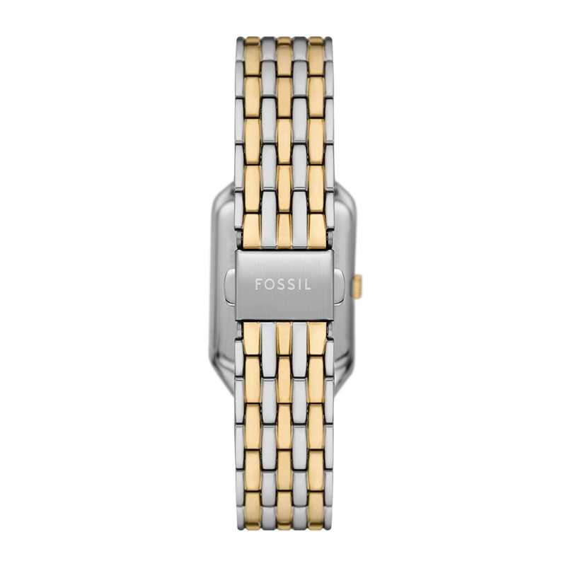 Reloj Fossil análogo, para Dama, tablero rectangular colores plateado y dorado, estilo romanos, pulso acero colores plateado y dorado, calendario