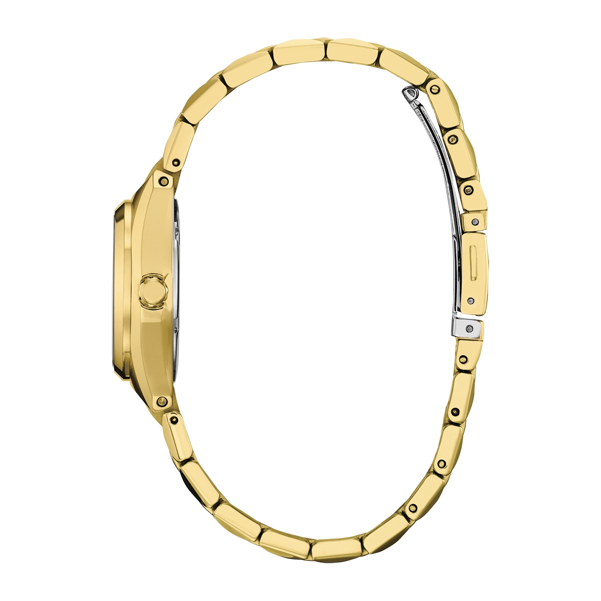 Reloj Citizen análogo, para Dama, tablero redondo color negro, estilo index, pulso acero color dorado, calendario