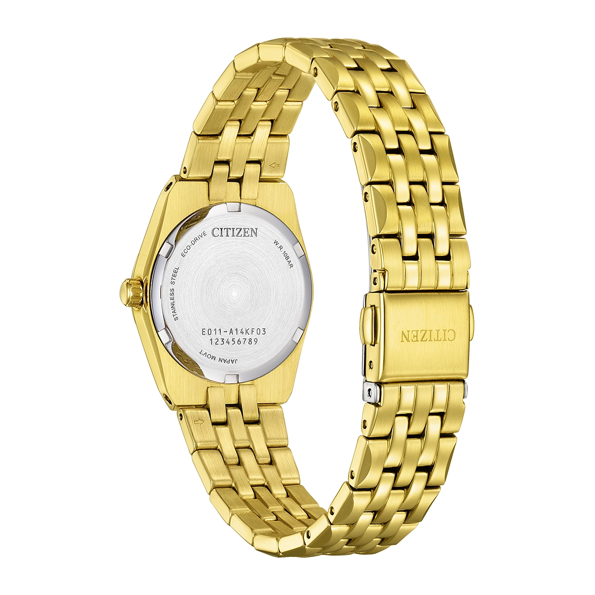 Reloj Citizen análogo, para Dama, tablero redondo color negro, estilo index, pulso acero color dorado, calendario