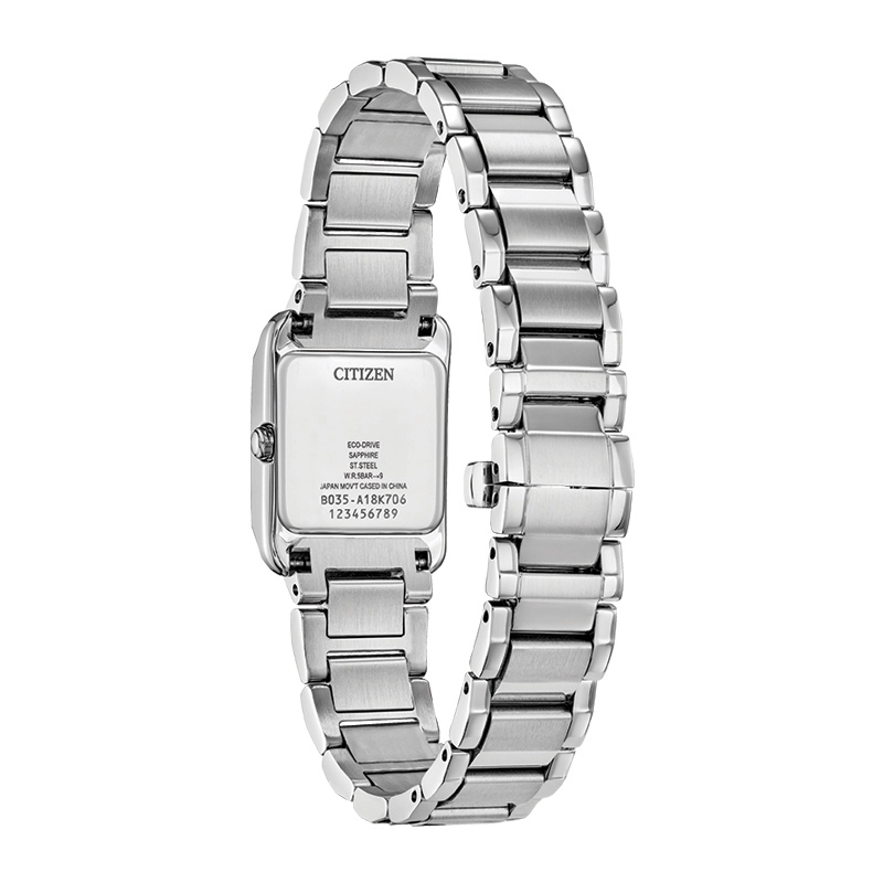 Reloj Citizen analogo, para Dama, tablero cuadrado color blanco, estilo index + arabigo, pulso acero color plateado